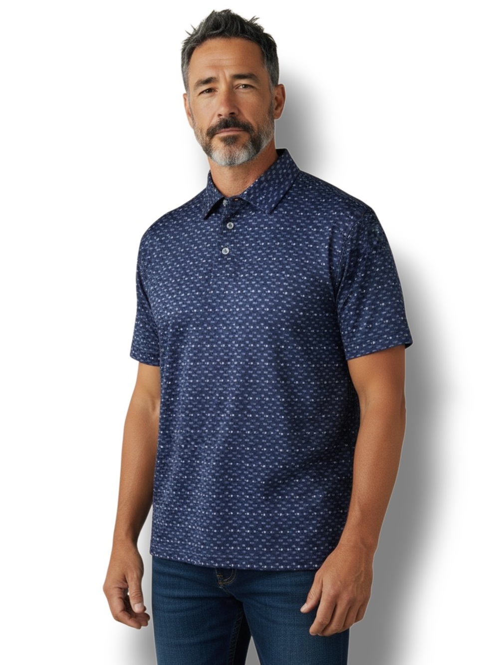 Ben Hogan Performance Men’s Short Sleeve Polo Navy Micro White Fish Motif M